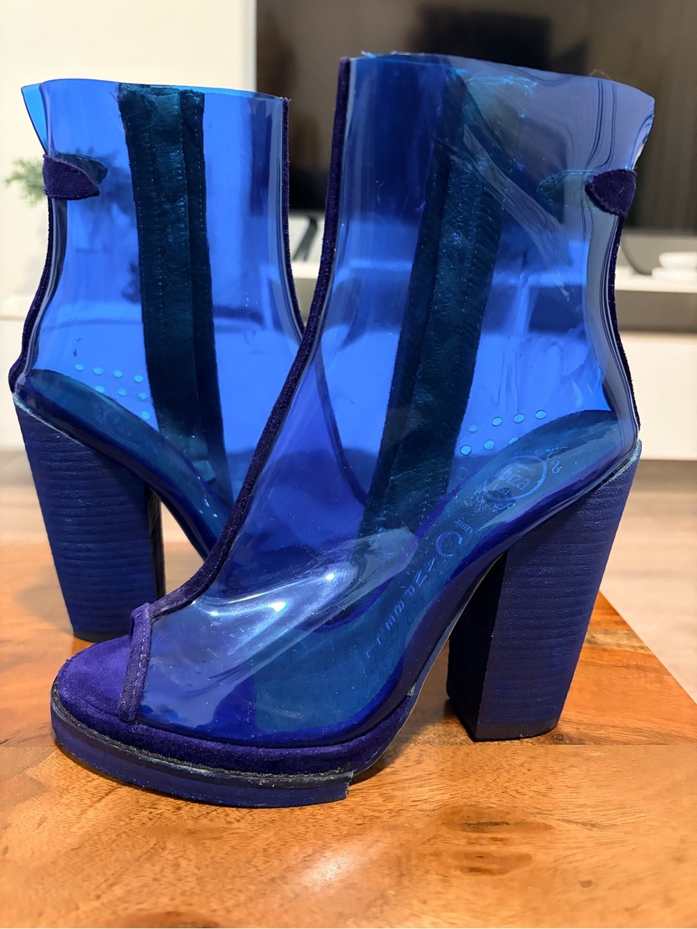Jeffrey Campbell Blue Transparent Block Heel Ankle Boots